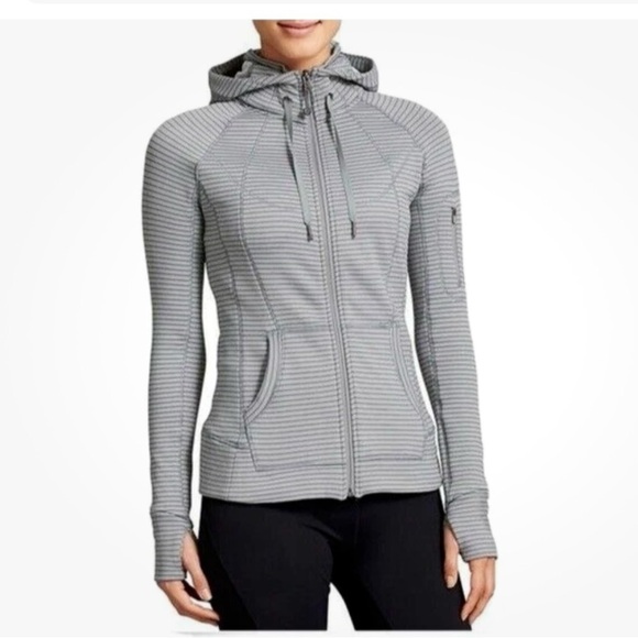 Athleta Tops - Athleta Bright Striped Strength Hoodie Winter Running Fullzip Hoodie Gray Women